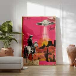 Cowboy Wall Art, Pop Art Style Poster, Western Desert Print, Pink Modern Artwork, Retro Americana Decor, Surreal Contemporary - thumbnail 3