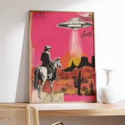 Cowboy Wall Art, Pop Art Style Poster, Western Desert Print, Pink Modern Artwork, Retro Americana Decor, Surreal Contemporary - thumbnail 2