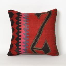 Handwoven Red Kilim Pillow Cover Turkish Wool Throw - 16x16 - thumbnail 2