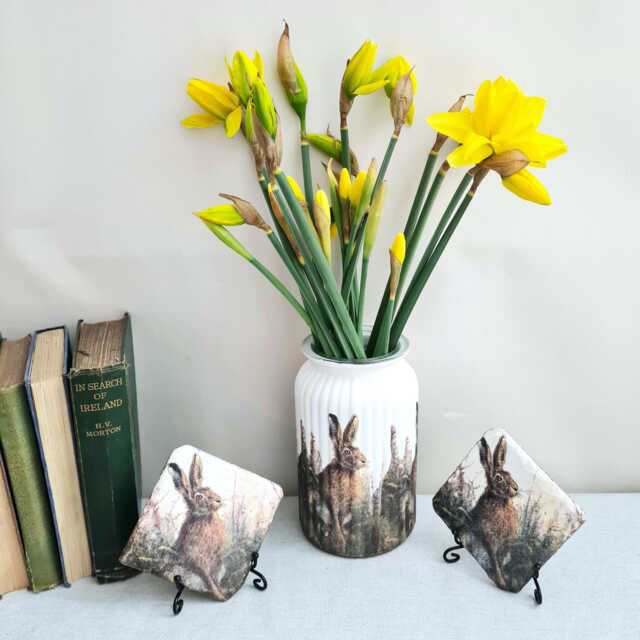 Hare Glass Vase Slate Coasters Gift Set, Woodland Animals Home Decor Gift, Hand Decorated - image 1