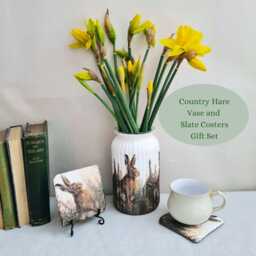 Hare Glass Vase Slate Coasters Gift Set, Woodland Animals Home Decor Gift, Hand Decorated - thumbnail 3