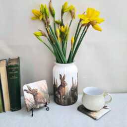 Hare Glass Vase Slate Coasters Gift Set, Woodland Animals Home Decor Gift, Hand Decorated - thumbnail 2