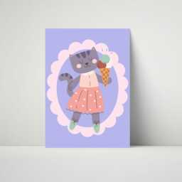 Cute Girly Cat Print - Kids Bedroom Poster Playroom Nursery Prints Girls Room Childrens Decor Purple Pink - thumbnail 2