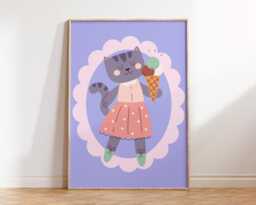 Cute Girly Cat Print - Kids Bedroom Poster Playroom Nursery Prints Girls Room Childrens Decor Purple Pink - thumbnail 1