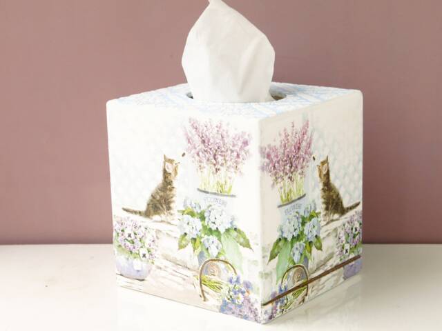 Decoupage Tissue Box Cover, Floral Cat Lover Gift - image 1
