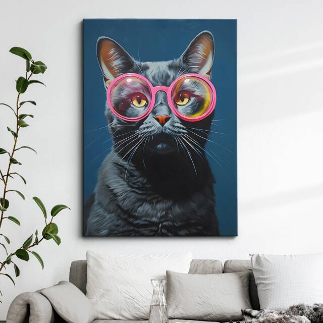 Fun Cat Wearing Pink Glasses Pet Painting Framed Poster Print & Canvas Wall Decor Art Bedroom Home Interior Funny Lover Gift - image 1