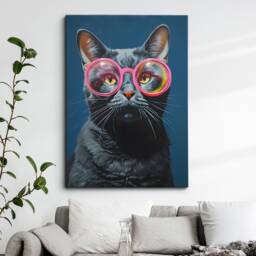 Fun Cat Wearing Pink Glasses Pet Painting Framed Poster Print & Canvas Wall Decor Art Bedroom Home Interior Funny Lover Gift