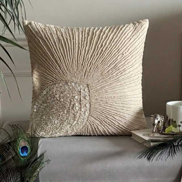 Beige Cotton Linen Mother Of Pearls & Beaded Birds Pattern Contemporary Throw Pillow Cover - Peacock - image 1