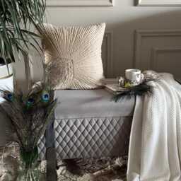 Beige Cotton Linen Mother Of Pearls & Beaded Birds Pattern Contemporary Throw Pillow Cover - Peacock - thumbnail 2