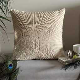 Beige Cotton Linen Mother Of Pearls & Beaded Birds Pattern Contemporary Throw Pillow Cover - Peacock - thumbnail 1
