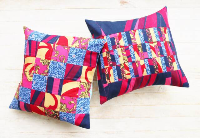 Patchwork Quilted Pillow Cover Set Eclectic Pink Blue Cushion Covers - image 1