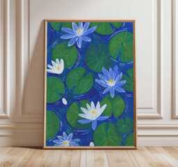 Water Lily Wall Art, Lotus Pond Poster, Botanical Nature Print, Blue & Green Flower Artwork, Modern Floral Home Decor - thumbnail 1