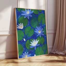 Water Lily Wall Art, Lotus Pond Poster, Botanical Nature Print, Blue & Green Flower Artwork, Modern Floral Home Decor - thumbnail 2