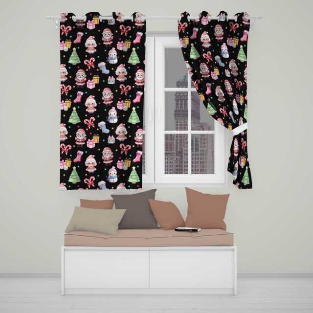 Cute Kawaii Santa Snowman Gift Characters Black Seamless Pattern Readymade Eyelet Ring Top Thermal 100% Blackout Curtains - image 1