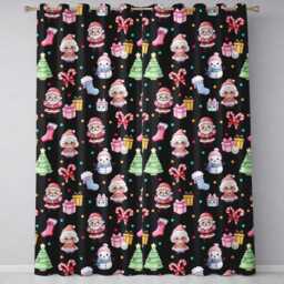 Cute Kawaii Santa Snowman Gift Characters Black Seamless Pattern Readymade Eyelet Ring Top Thermal 100% Blackout Curtains - thumbnail 2