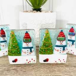 Snowman Fused Glass Candle Holder Ornament. Fused Glass Christmas Decoration, Cornish