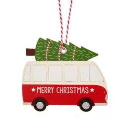 Red White Camper Van With Christmas Tree On Roof Merry Gift Tags - Winter Wonderland Festive Season Fun Present Label Travel