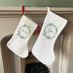 Personalised Linen Christmas Stocking - Mistletoe Wreath, Custom Name