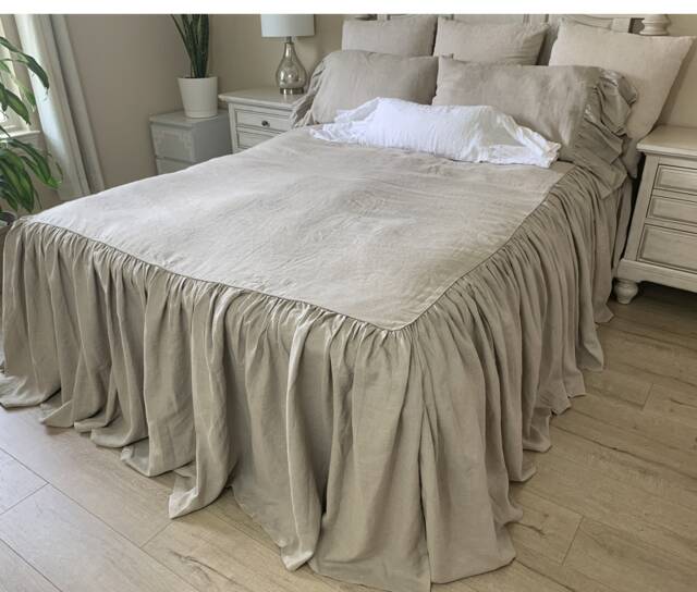 Dark Linen Bedspread With Ruffled Bed Cover, Ruffle Linen Shabby Chic Coverlet, Medium Weight - image 1