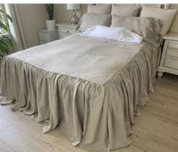 Dark Linen Bedspread With Ruffled Bed Cover, Ruffle Linen Shabby Chic Coverlet, Medium Weight - thumbnail 1