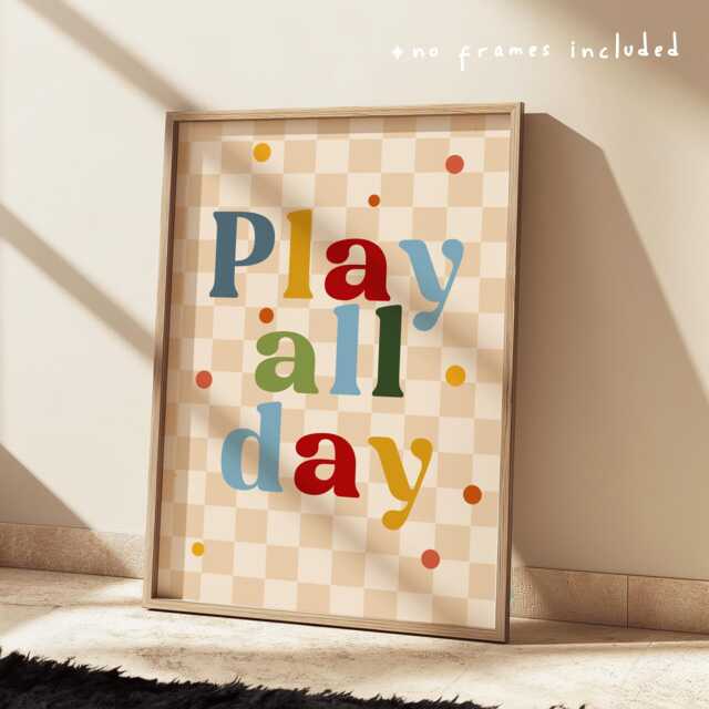 Colourful Play All Day Print, Checkered Pattern Children's Prints, Kids Retro Bedroom Playroom, Scandi Nursery Decor - image 1