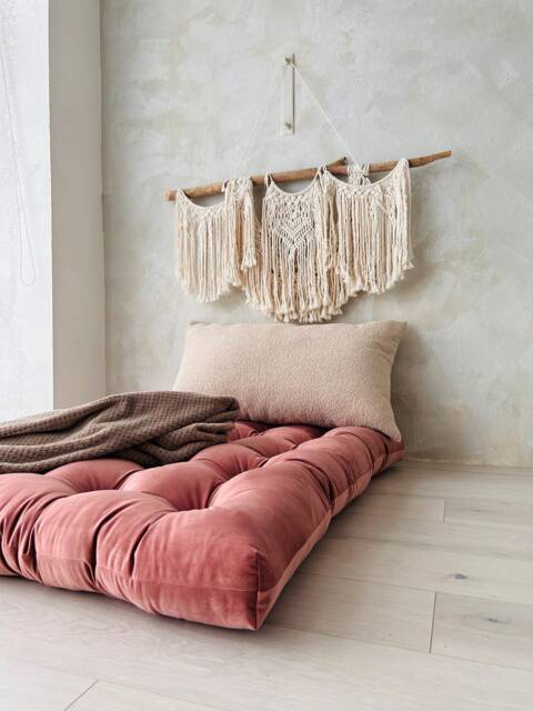 Old Pink Velvet Floor Cushion Bohemian Pillow Seating - 31x47 - image 1