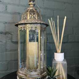 Antique Aged Metal & Glass Lantern - Ornate Indoor Candle Holder - thumbnail 2