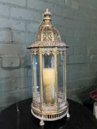 Antique Aged Metal & Glass Lantern - Ornate Indoor Candle Holder - thumbnail 1