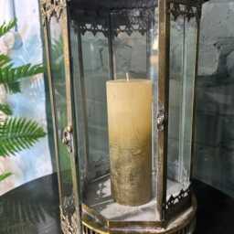 Antique Aged Metal & Glass Lantern - Ornate Indoor Candle Holder - thumbnail 3