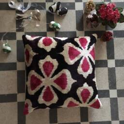 Handmade Silk Ikat Velvet Pillow Cover Uzbek Artisan Decor - 20x20 - thumbnail 3