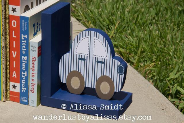 Custom Designed Wooden Car Bookends - Created To Coordinate With Your Decor Or Nursery Letters - Car, Transportation, Blue, Brown - image 1