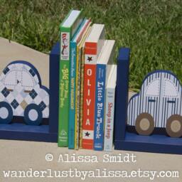 Custom Designed Wooden Car Bookends - Created To Coordinate With Your Decor Or Nursery Letters - Car, Transportation, Blue, Brown - thumbnail 2
