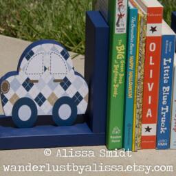 Custom Designed Wooden Car Bookends - Created To Coordinate With Your Decor Or Nursery Letters - Car, Transportation, Blue, Brown - thumbnail 3