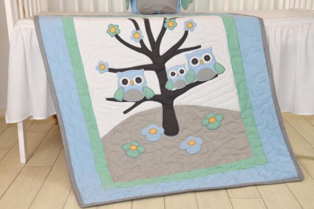 Owl Baby Blanket Woodland Quilt Forest Crib Bedding, Nursery Decor, Blue, Teal, Gray - image 1