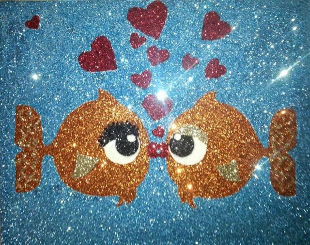 Kissing Fish - Glitter On Canvas Kiss Love Hearts Art Happy Valentines 16x20 - image 1