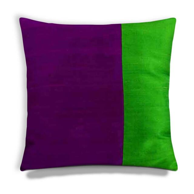 Purple & Green Color Block Raw Silk Pillow Cover-Decorative Throw Cover - Mothersday Gift Housewarming For Her - image 1