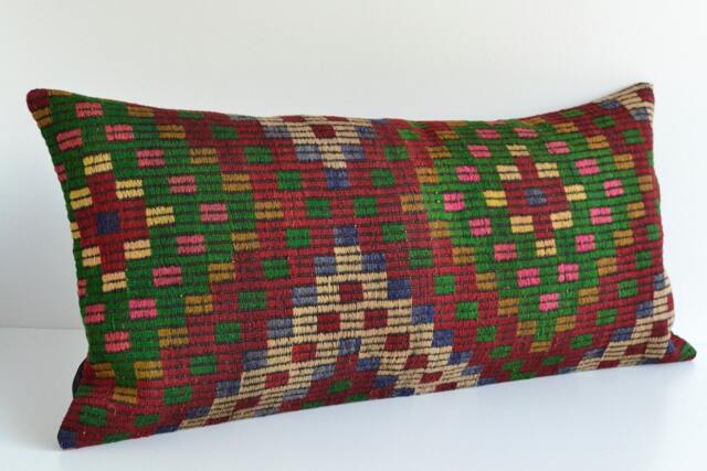 Handwoven Kilim Pillow Cover Turkish Wool Lumbar Pillow, Boho Decor - 20'' X 40'' - image 1