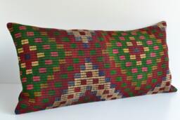 Handwoven Kilim Pillow Cover Turkish Wool Lumbar Pillow, Boho Decor - 20'' X 40'' - thumbnail 1