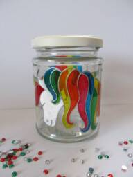 Handpainted Upcycled Glass Jar, Unicorns Hand Painted in Rainbow Colours Of Glass Paint, Rainbow On White Lid - thumbnail 3