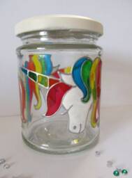 Handpainted Upcycled Glass Jar, Unicorns Hand Painted in Rainbow Colours Of Glass Paint, Rainbow On White Lid - thumbnail 2
