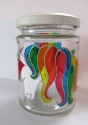 Handpainted Upcycled Glass Jar, Unicorns Hand Painted in Rainbow Colours Of Glass Paint, Rainbow On White Lid - thumbnail 4