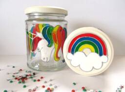 Handpainted Upcycled Glass Jar, Unicorns Hand Painted in Rainbow Colours Of Glass Paint, Rainbow On White Lid