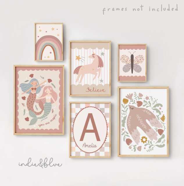 Set Of 6 Fairy Tale Girls Dusty Pink & Sage Green Gallery Wall Prints, Peace Dove, Positive Mermaids Unicorn, Girl Nursery Bedroom Decor - image 1