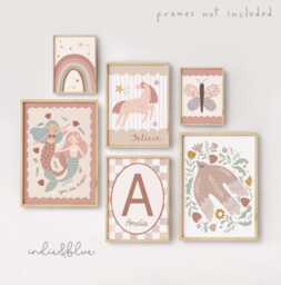 Set Of 6 Fairy Tale Girls Dusty Pink & Sage Green Gallery Wall Prints, Peace Dove, Positive Mermaids Unicorn, Girl Nursery Bedroom Decor - thumbnail 1