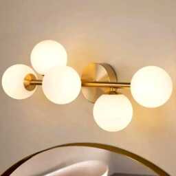 Brass Mid-Century Modern Bathroom Vanity Light - 5 Globe Frosted Glass Sconce, Italian Fixture - thumbnail 2