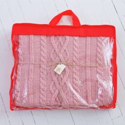 Pink Cable Knit Blanket, Hand Knitted Throw Chunky Knit +1 Pillow Case Included - thumbnail 4