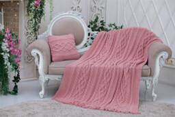Pink Cable Knit Blanket, Hand Knitted Throw Chunky Knit +1 Pillow Case Included