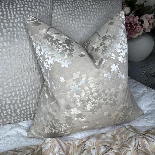 Darcey Taupe Cushion Cover, Blossom Floral Pillow Case For Sofa - Bed, Designer Fabric -Double Sided - image 1