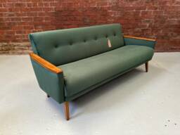 Danish Teak Vintage Inspired Model 55 Mid Century 50S 60S Style 3 Seat Lounge Sofa Settee in Emerald Green Velvet