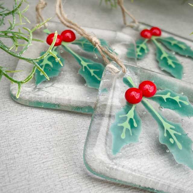 Holly Sprig ~ Handmade Fused Glass Christmas Tree Decoration Square - image 1